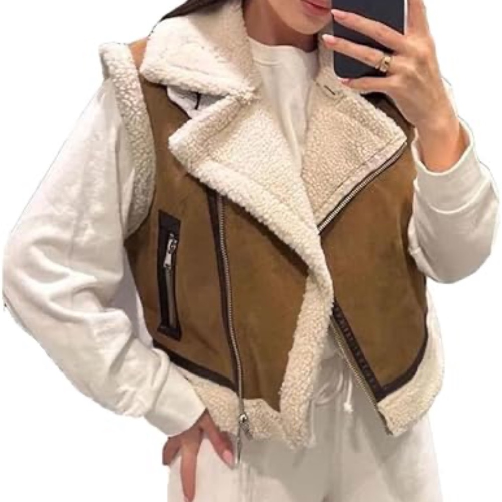 Zara Tan and Cream Sherpa Suede Vest